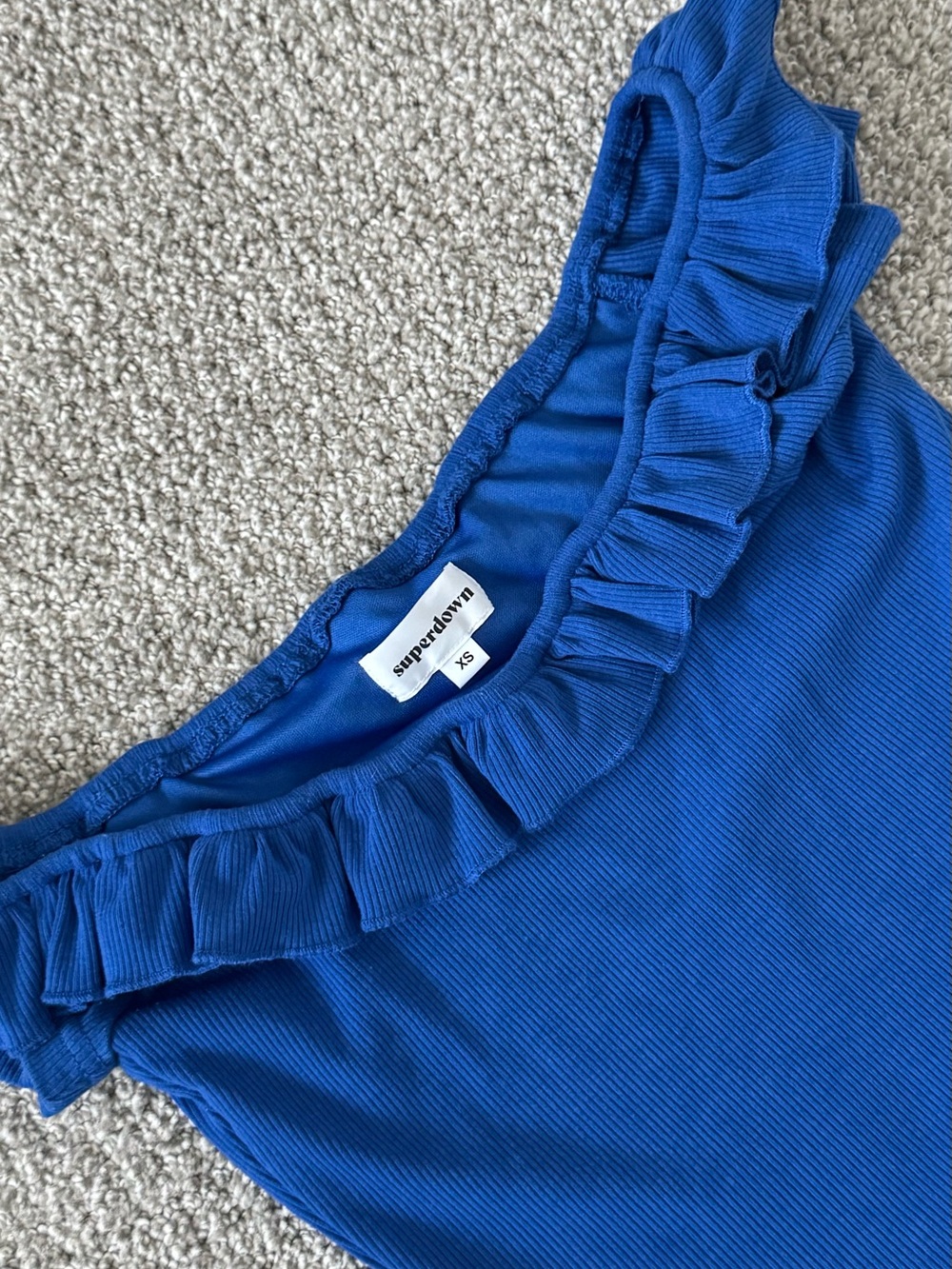 Revolve superdown Blue Rib Off-Shoulder Ruffle Mini Dress - Picture 3 of 6